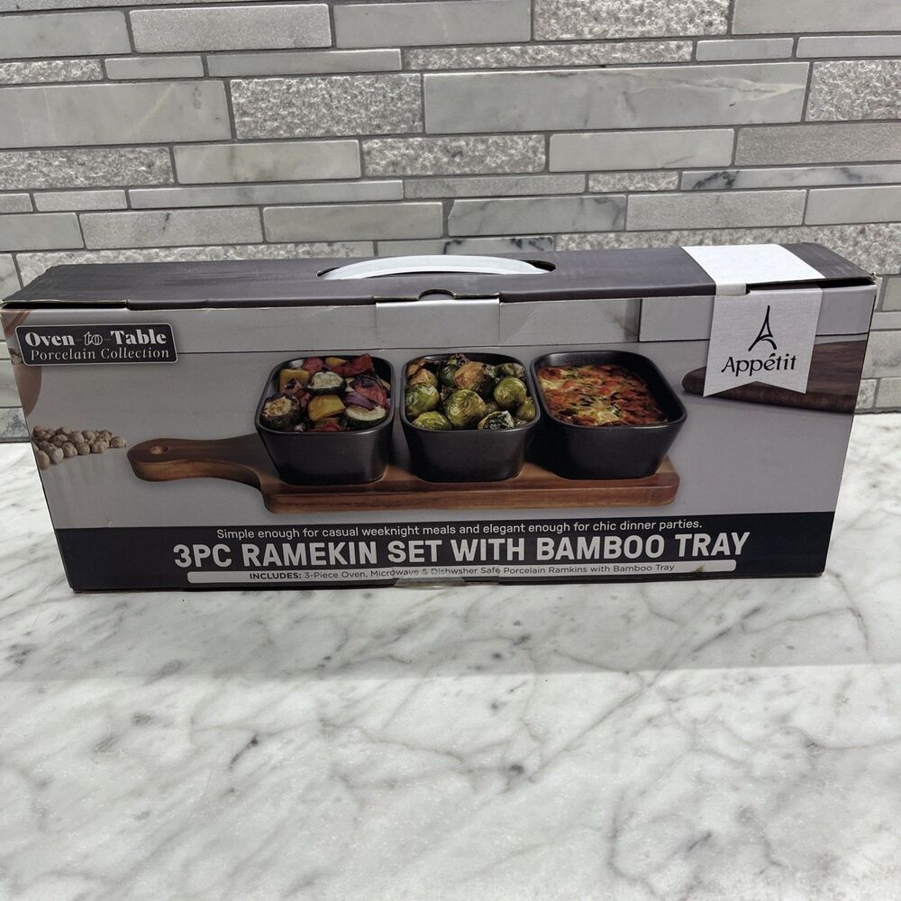 Appetit 3 pc Ramekin Set With Bamboo Tray Black Porcelain Oven to Table NEW